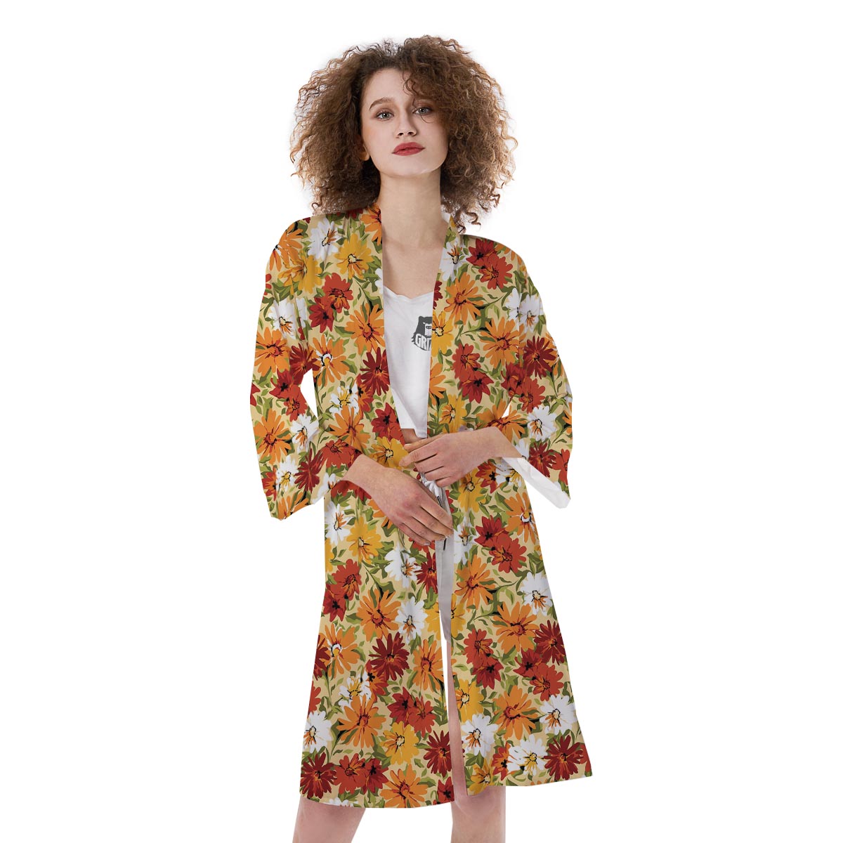 Sunflower Red Print Pattern Kimono-grizzshop