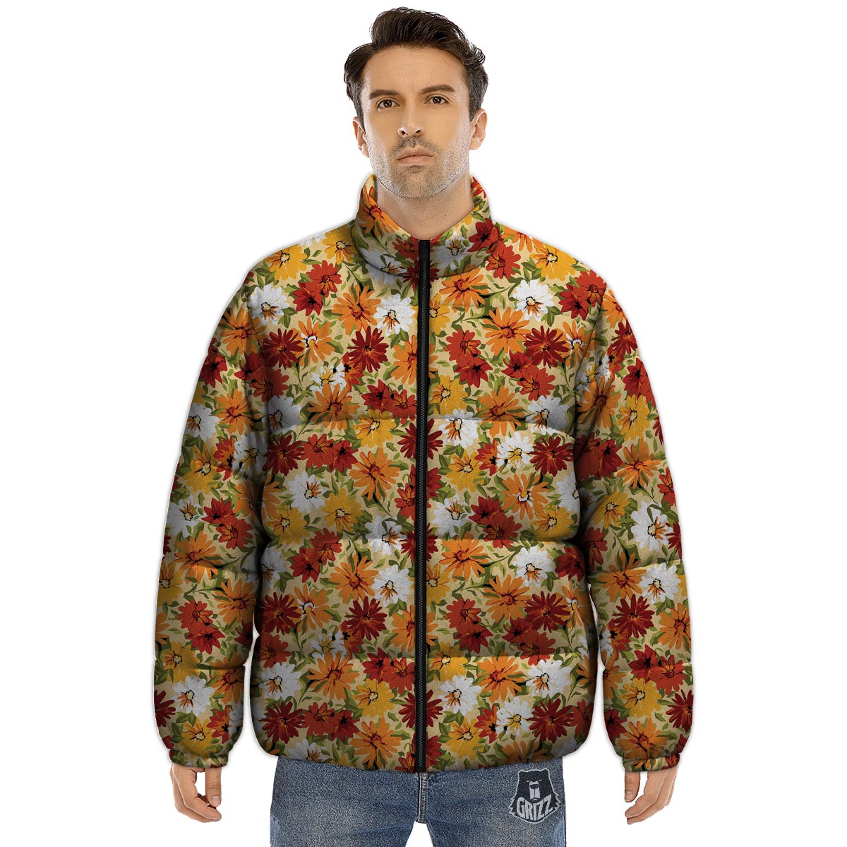 Sunflower Red Print Pattern Puffer Jacket-grizzshop