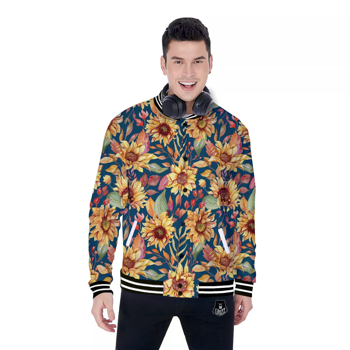 Sunflower Sage Watercolor Print Pattern Baseball Jacket-grizzshop