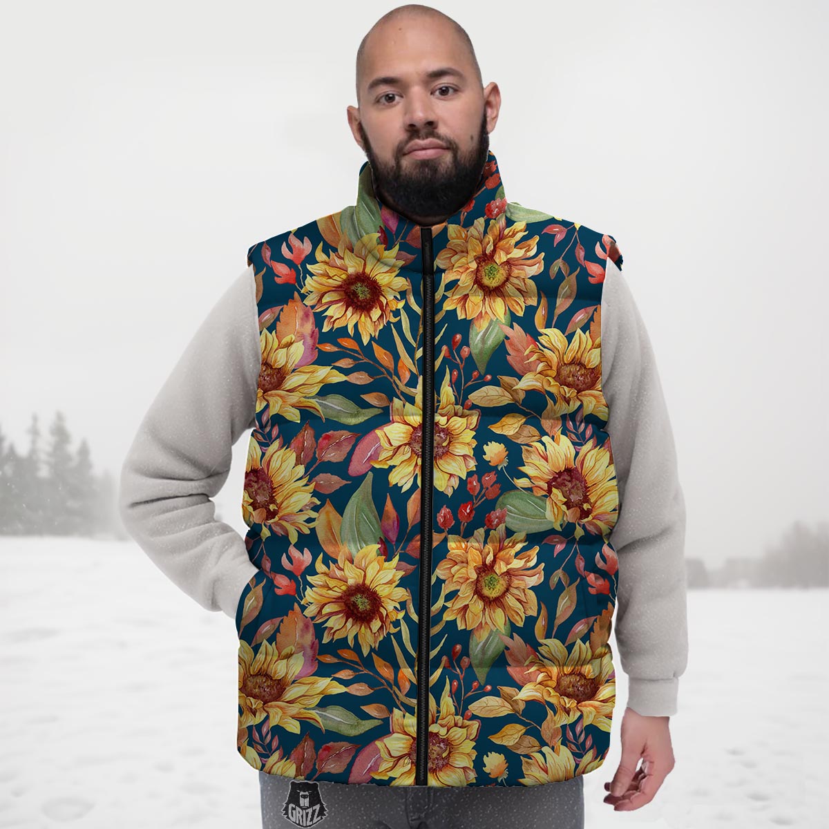 Sunflower Sage Watercolor Print Pattern Down Vest