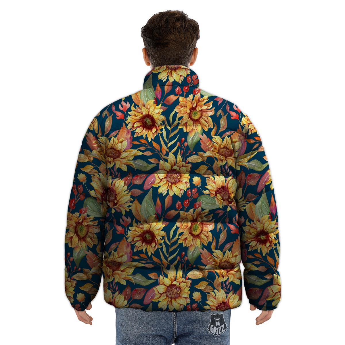 Sunflower Sage Watercolor Print Pattern Puffer Jacket-grizzshop
