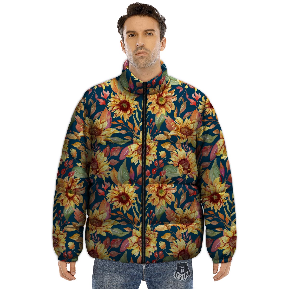 Sunflower Sage Watercolor Print Pattern Puffer Jacket-grizzshop