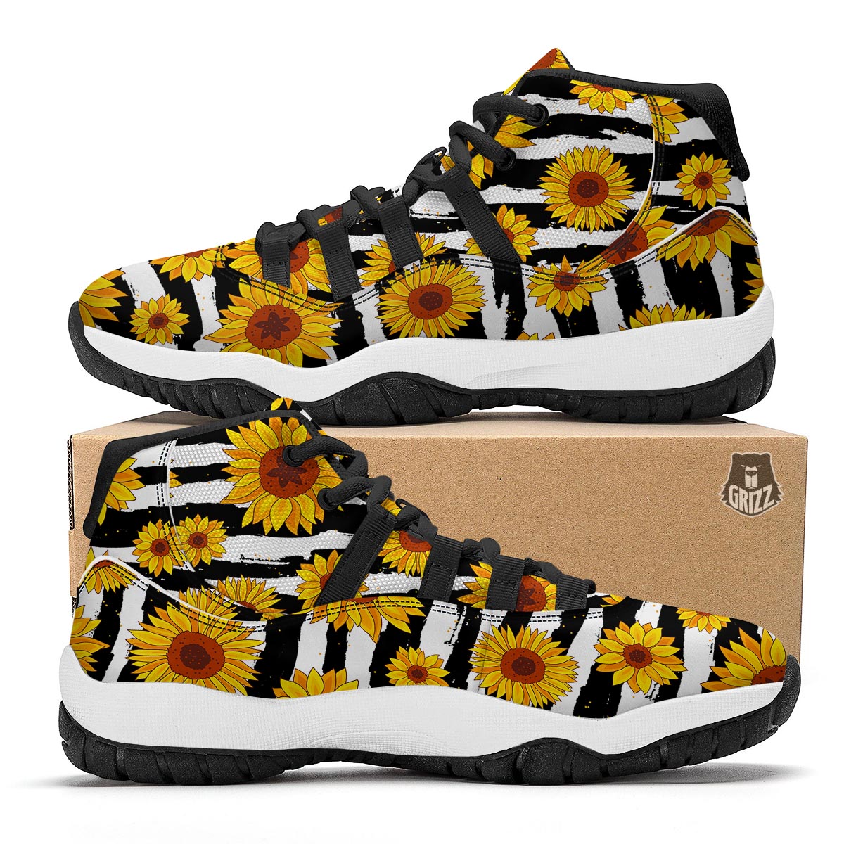 Sunflower Stripe Print Pattern Black Bball Shoes-grizzshop
