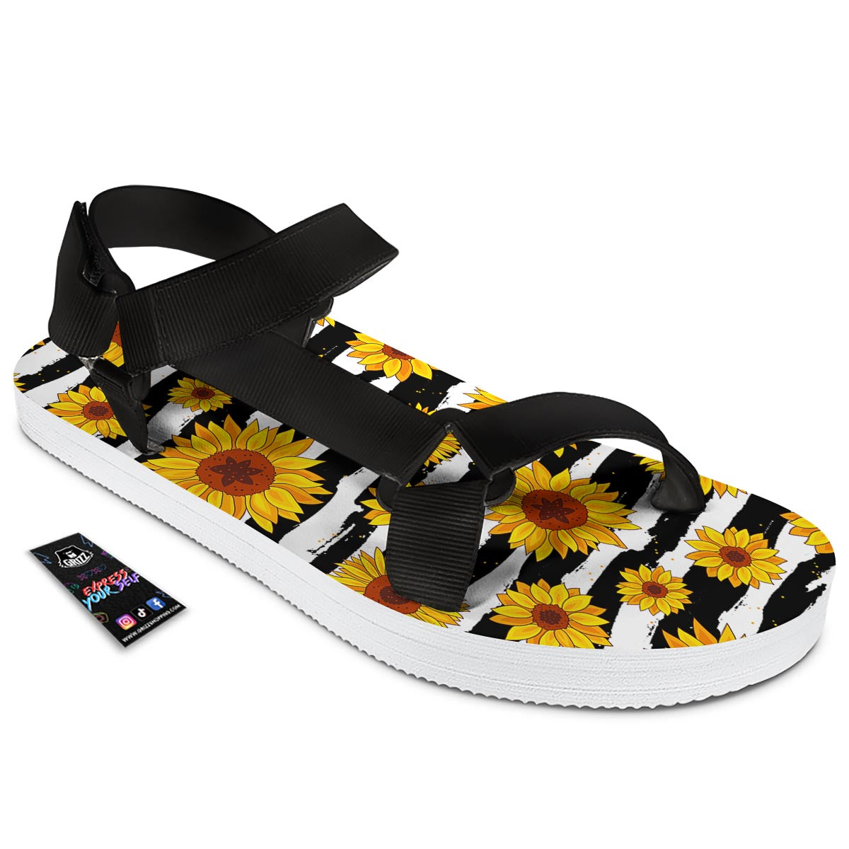 Sunflower Stripe Print Pattern Black Open Toe Sandals-grizzshop