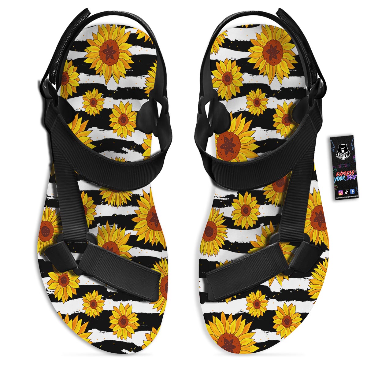 Sunflower Stripe Print Pattern Black Open Toe Sandals-grizzshop