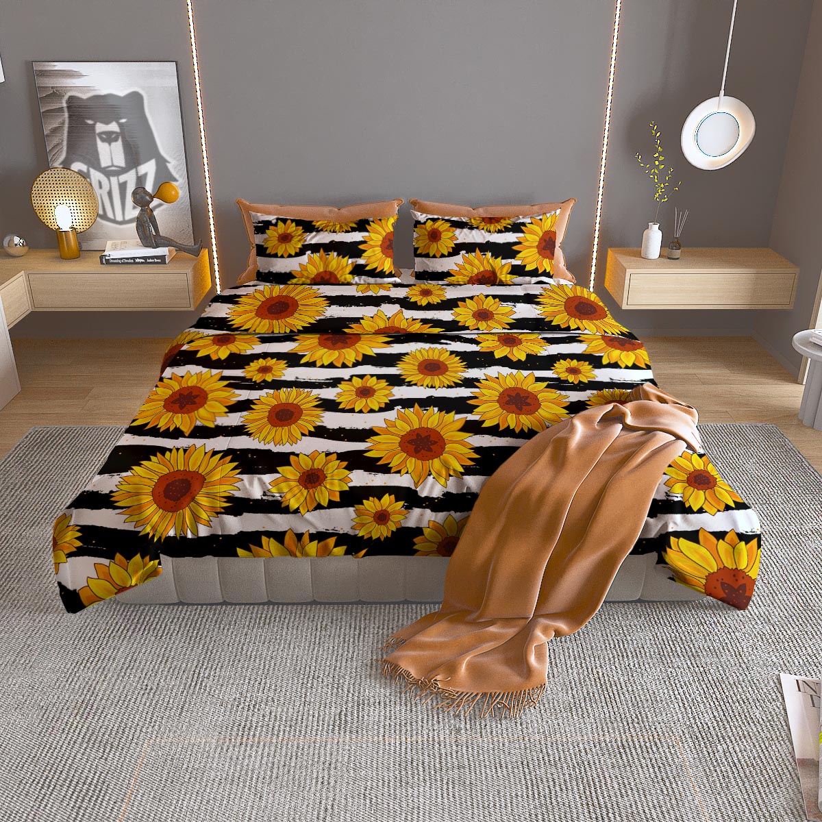 Sunflower Stripe Print Pattern Duvet Cover Bedding Set