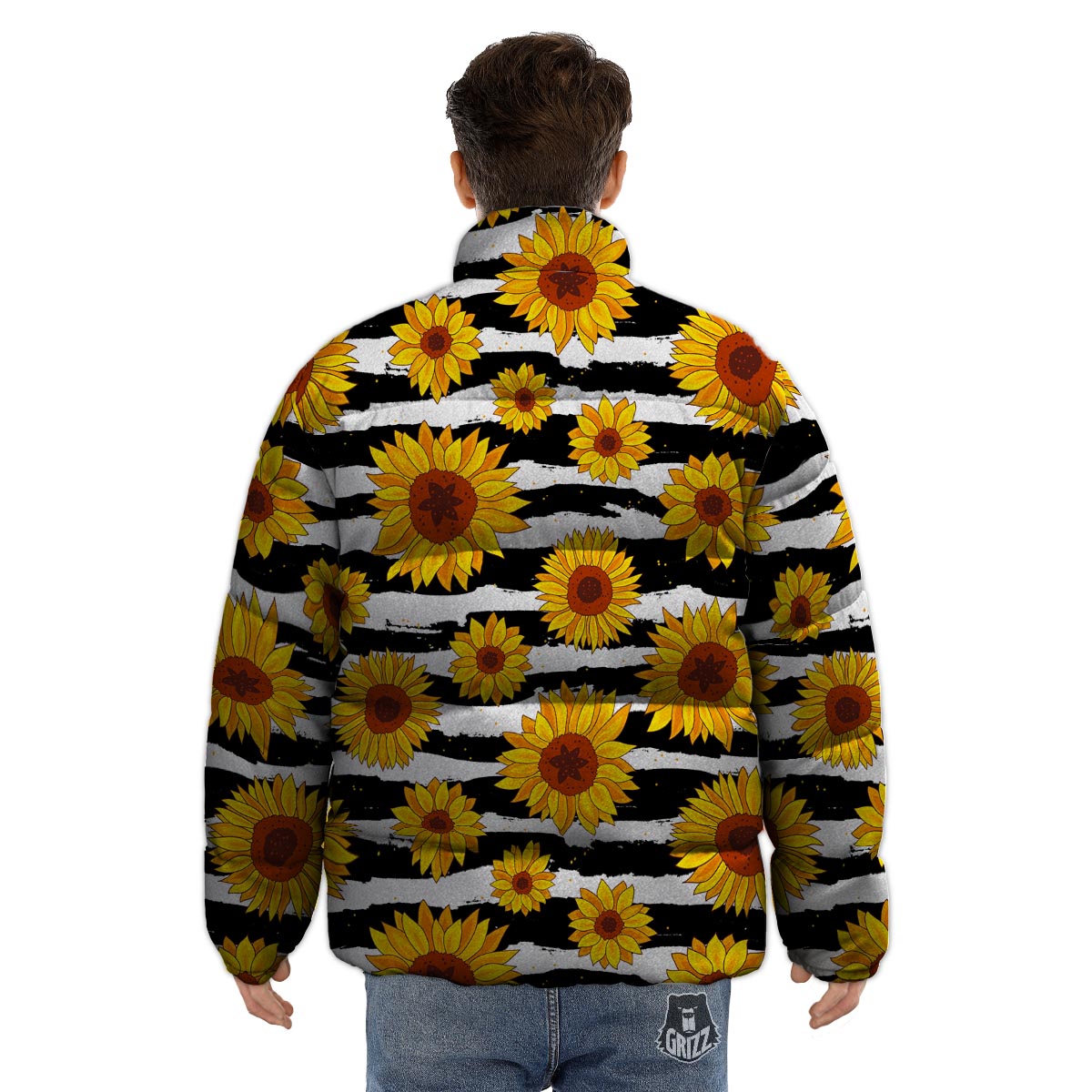 Sunflower Stripe Print Pattern Puffer Jacket-grizzshop