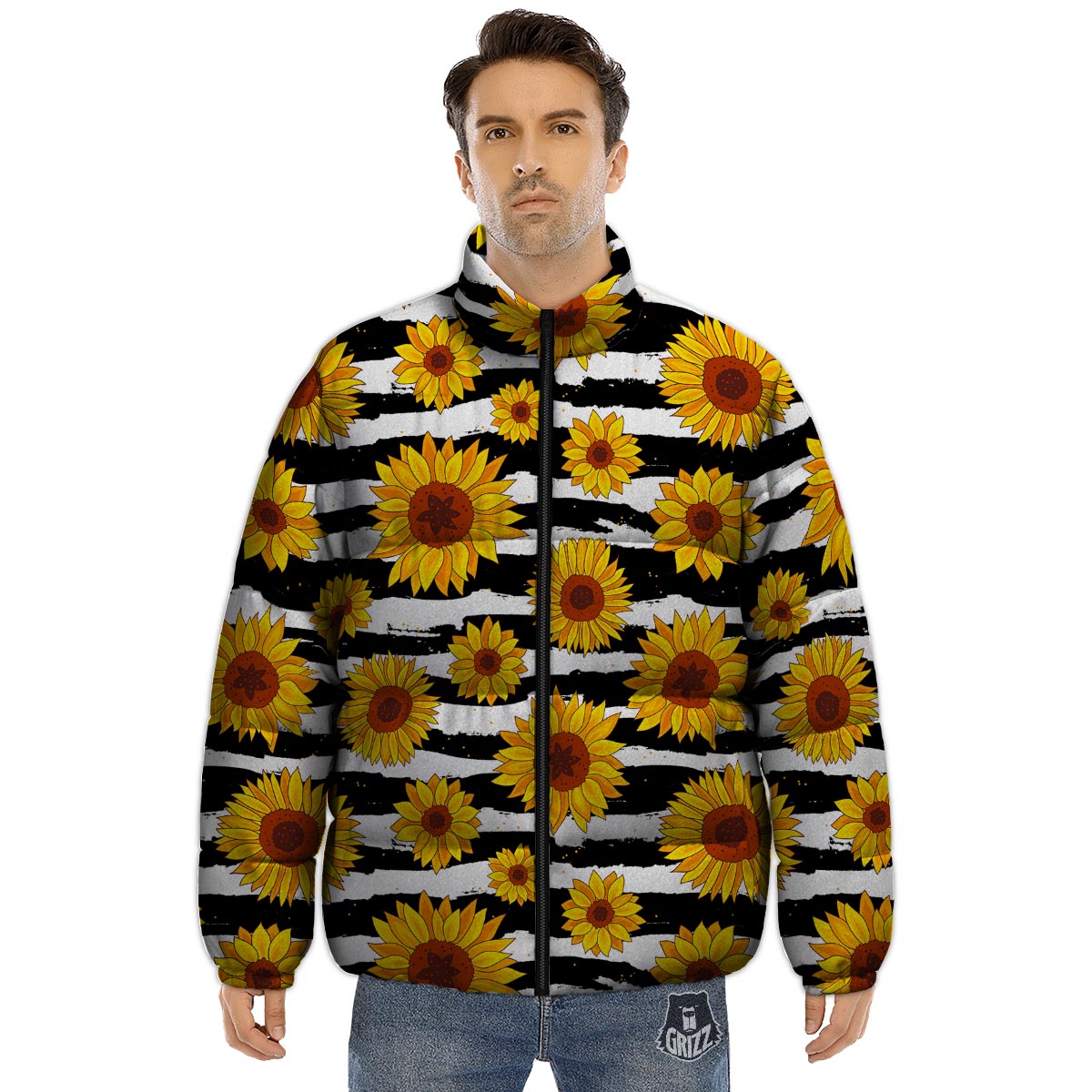 Sunflower Stripe Print Pattern Puffer Jacket-grizzshop