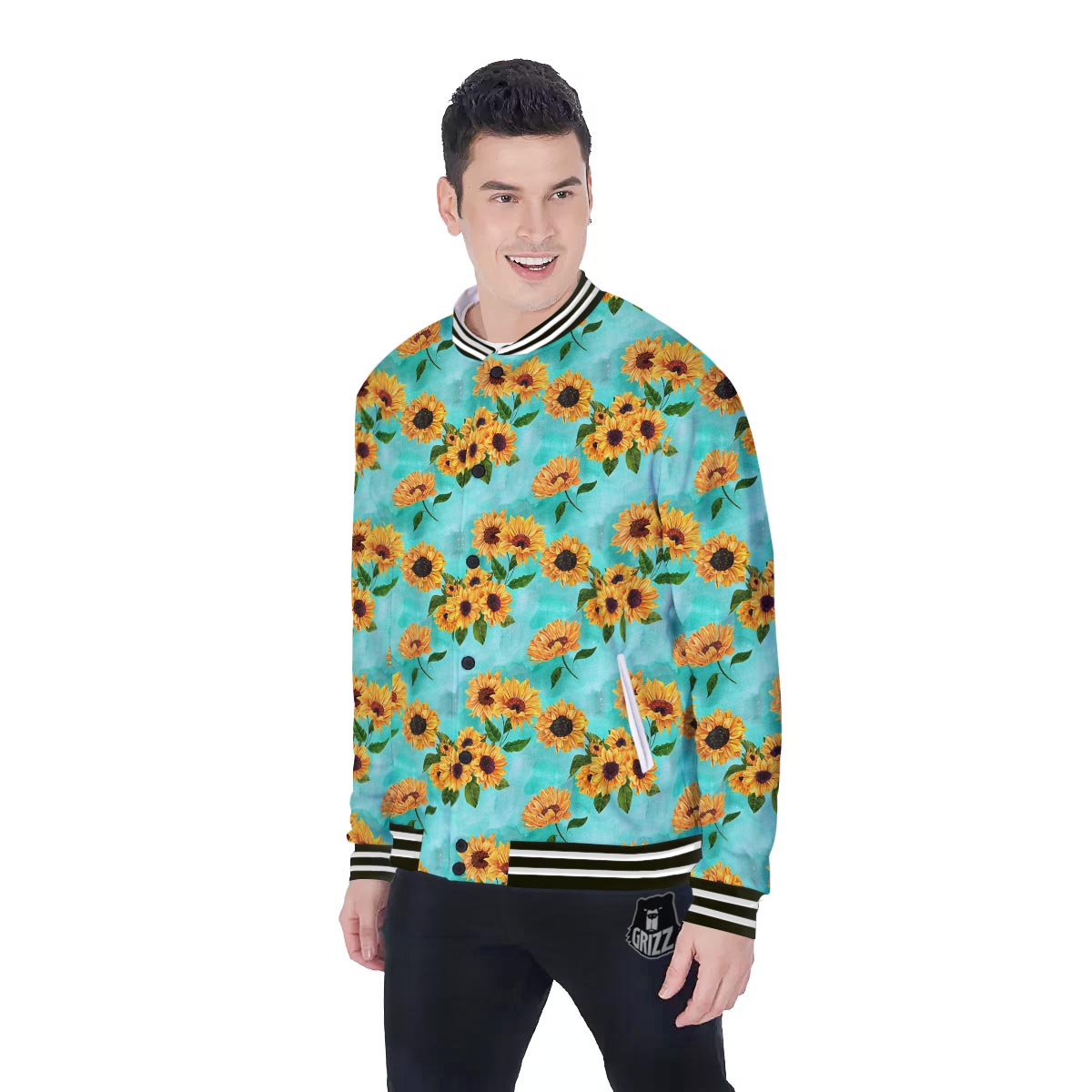 Sunflower Teal Watercolor Print Pattern Baseball Jacket-grizzshop