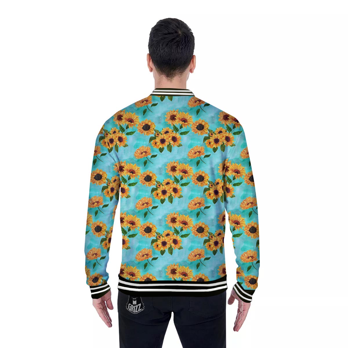 Sunflower Teal Watercolor Print Pattern Baseball Jacket-grizzshop