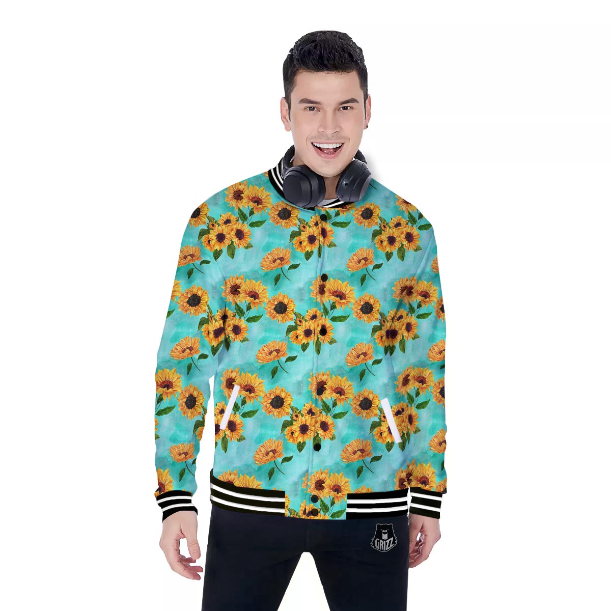 Sunflower Teal Watercolor Print Pattern Baseball Jacket-grizzshop