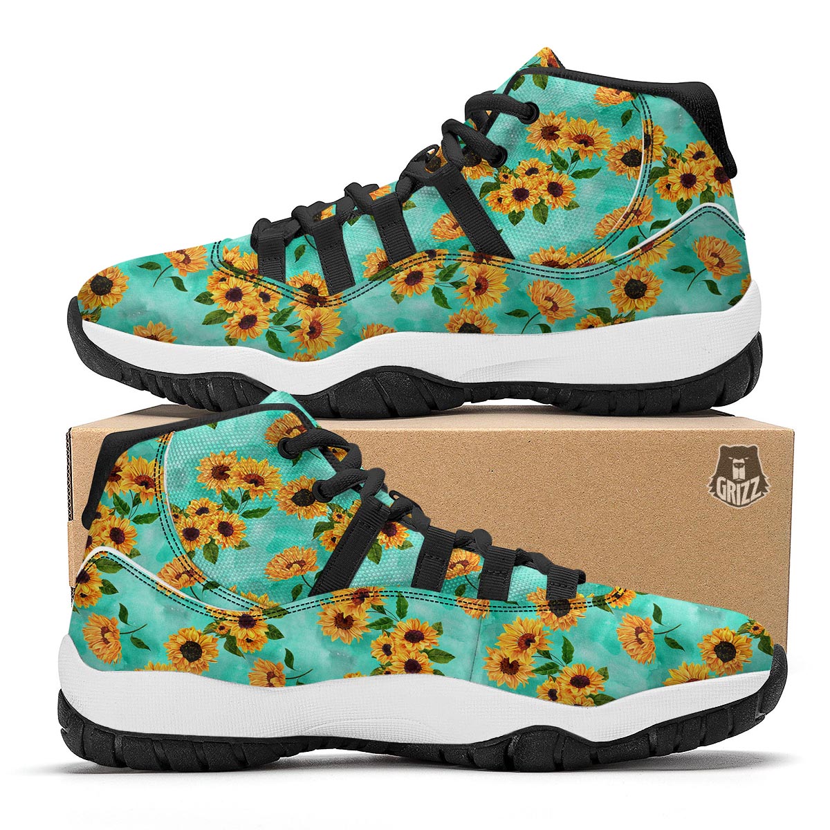 Sunflower Teal Watercolor Print Pattern Black Bball Shoes-grizzshop