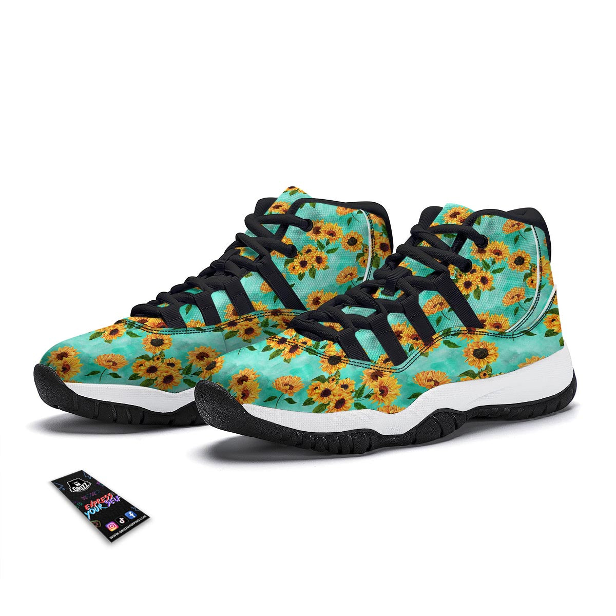 Sunflower Teal Watercolor Print Pattern Black Bball Shoes-grizzshop