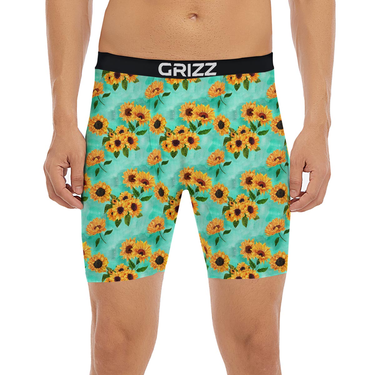 Sunflower Teal Watercolor Print Pattern Boxer Briefs-grizzshop