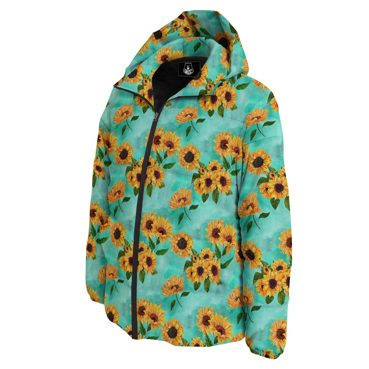 Sunflower Teal Watercolor Print Pattern Down Jacket-grizzshop