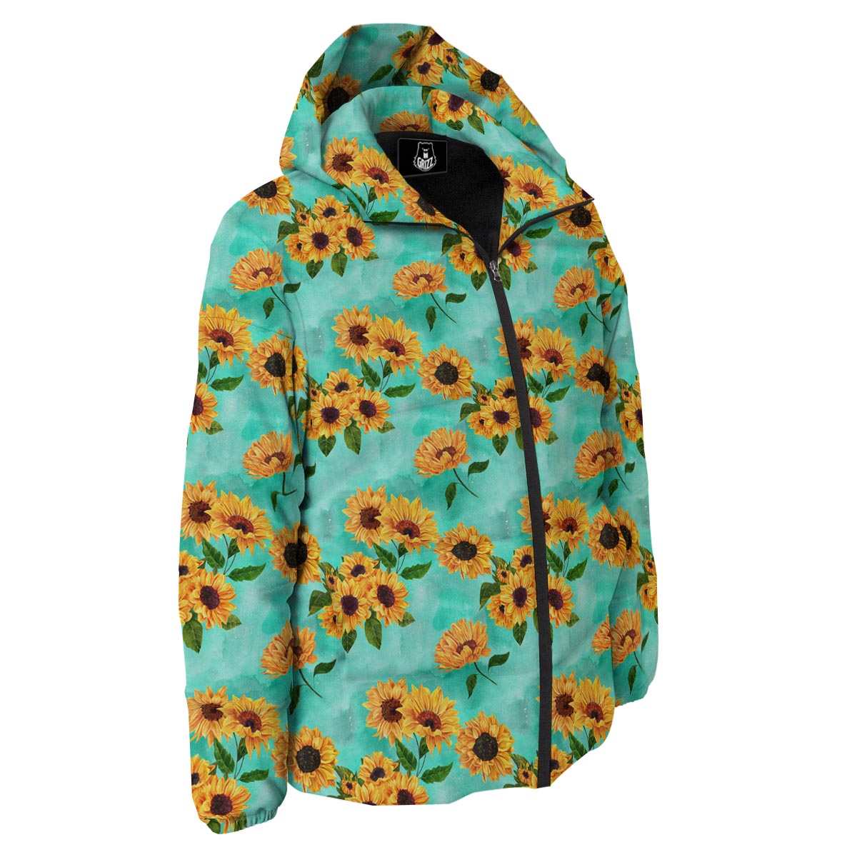 Sunflower Teal Watercolor Print Pattern Down Jacket-grizzshop