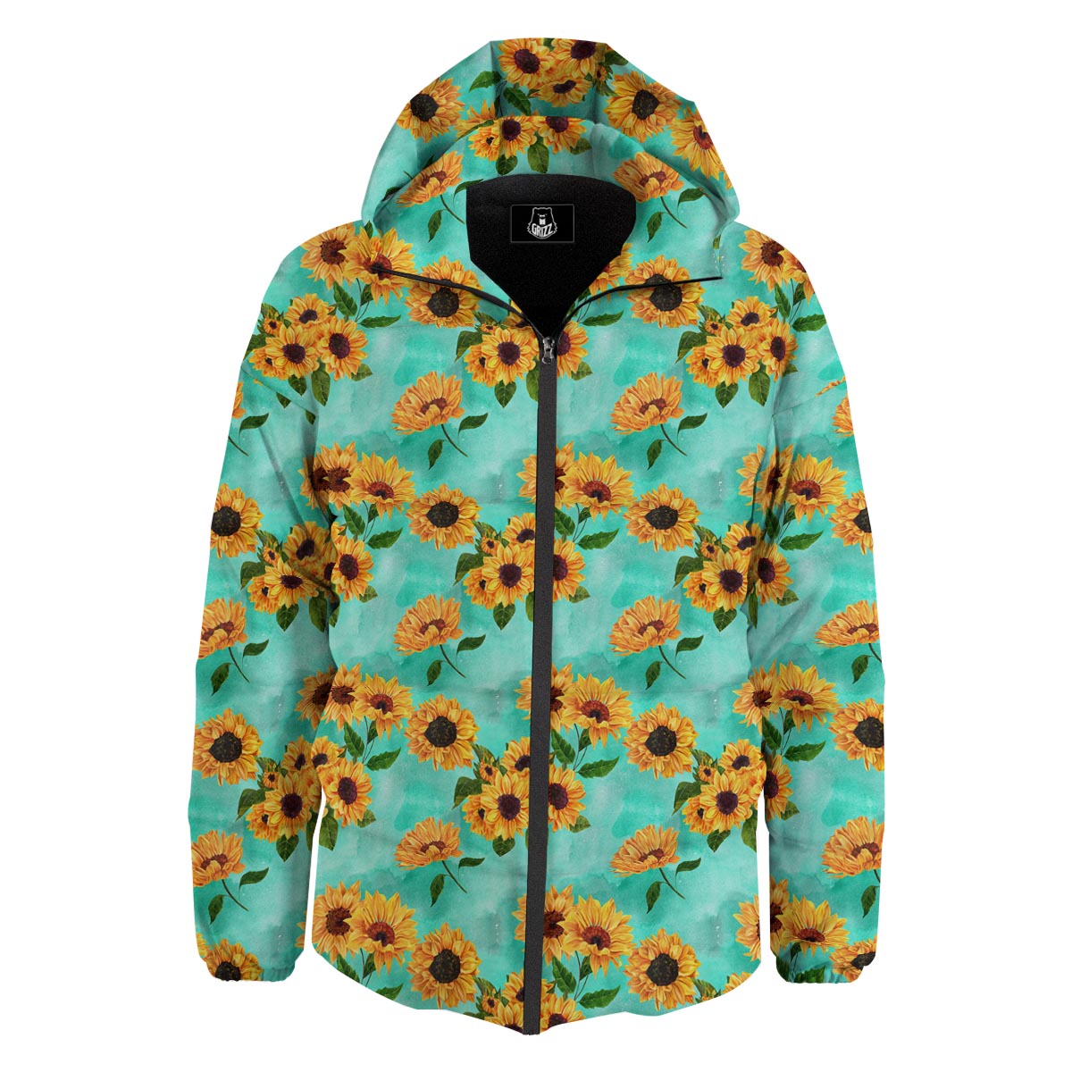 Sunflower Teal Watercolor Print Pattern Down Jacket-grizzshop
