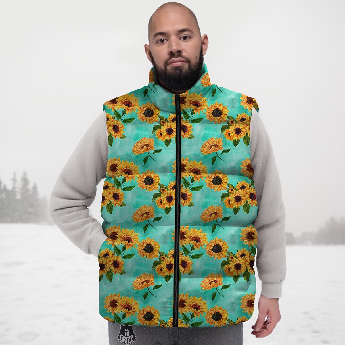 Sunflower Teal Watercolor Print Pattern Down Vest