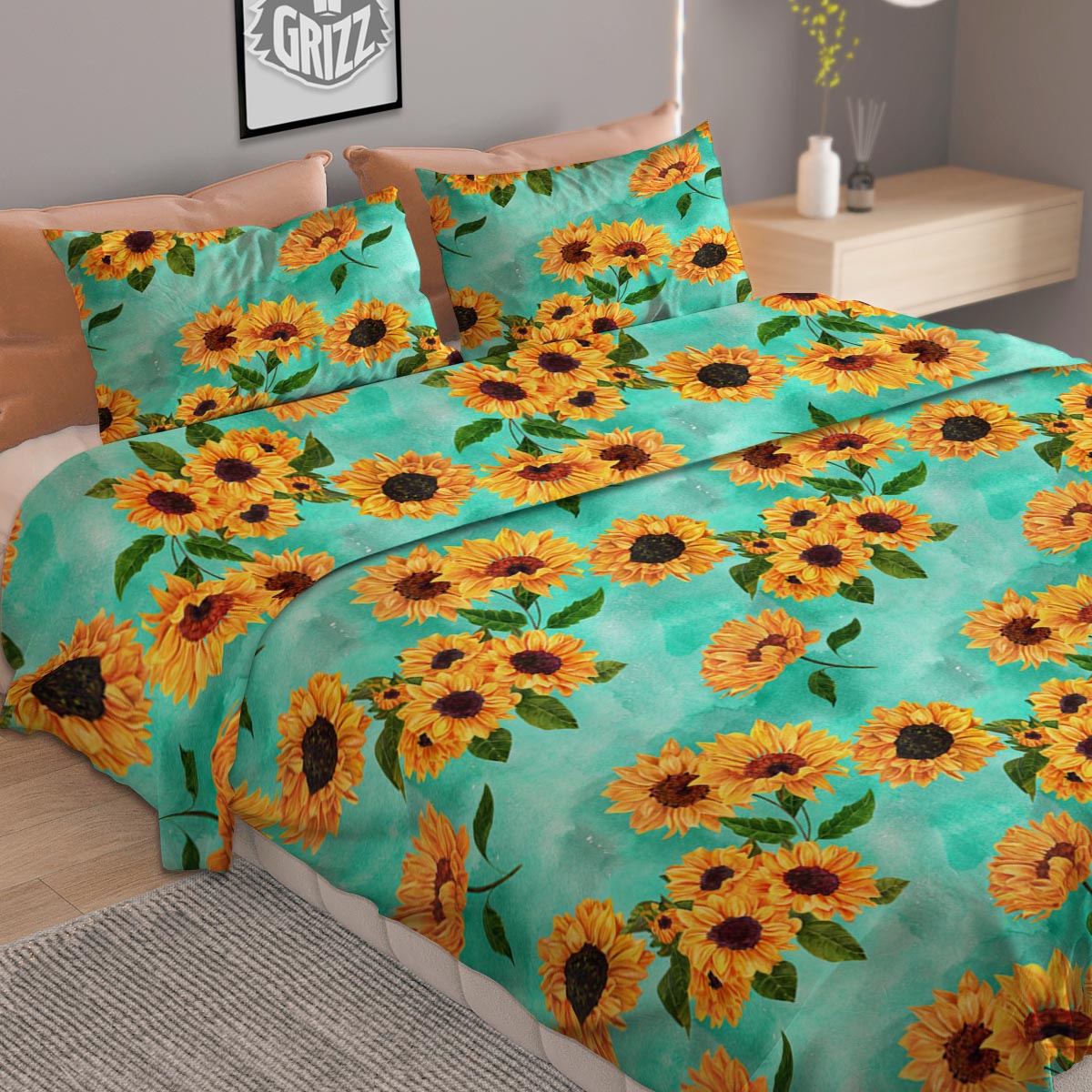 Sunflower Teal Watercolor Print Pattern Duvet Cover Bedding Set