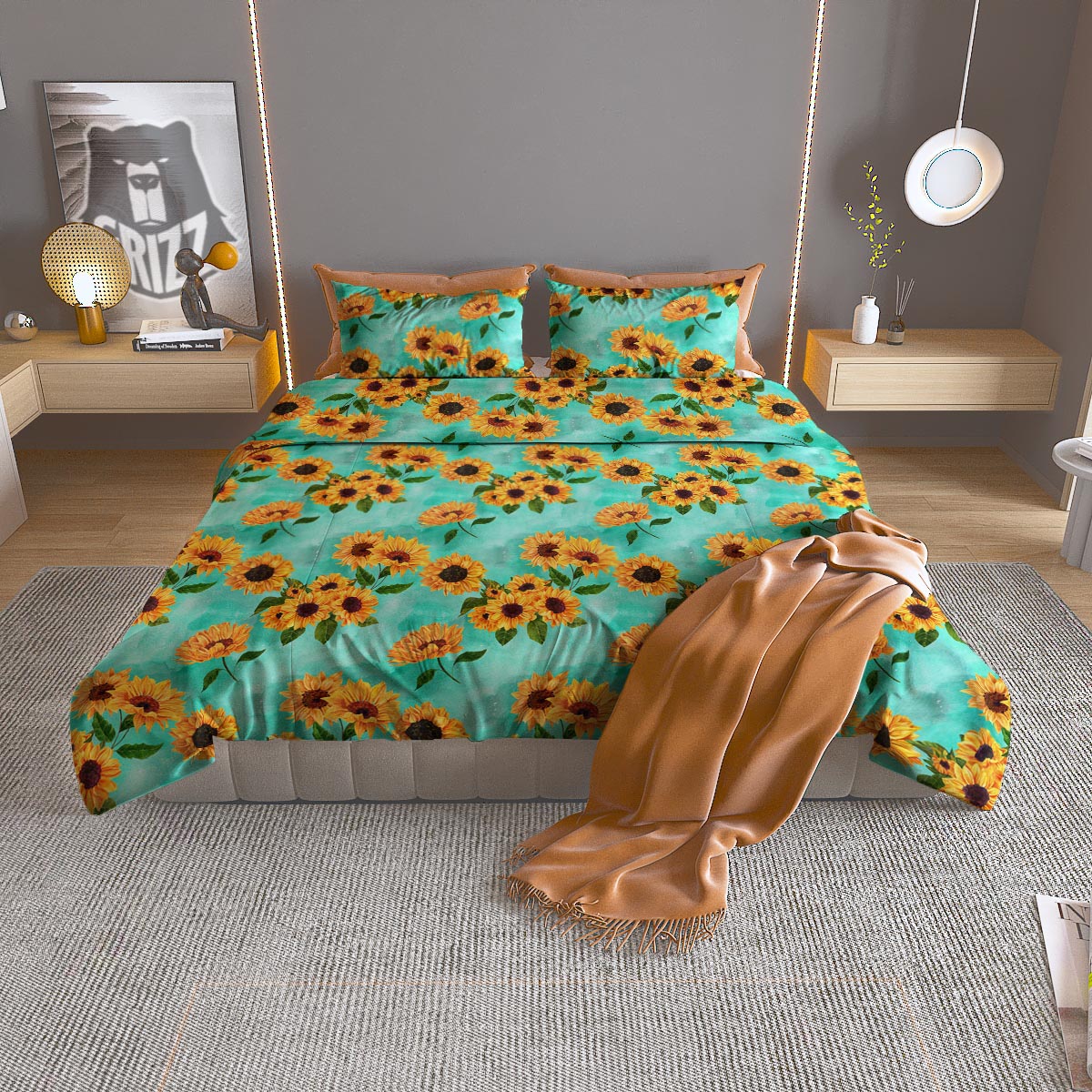 Sunflower Teal Watercolor Print Pattern Duvet Cover Bedding Set