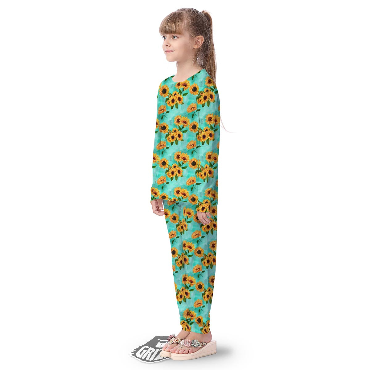 Sunflower Teal Watercolor Print Pattern Kid's Pajamas-grizzshop