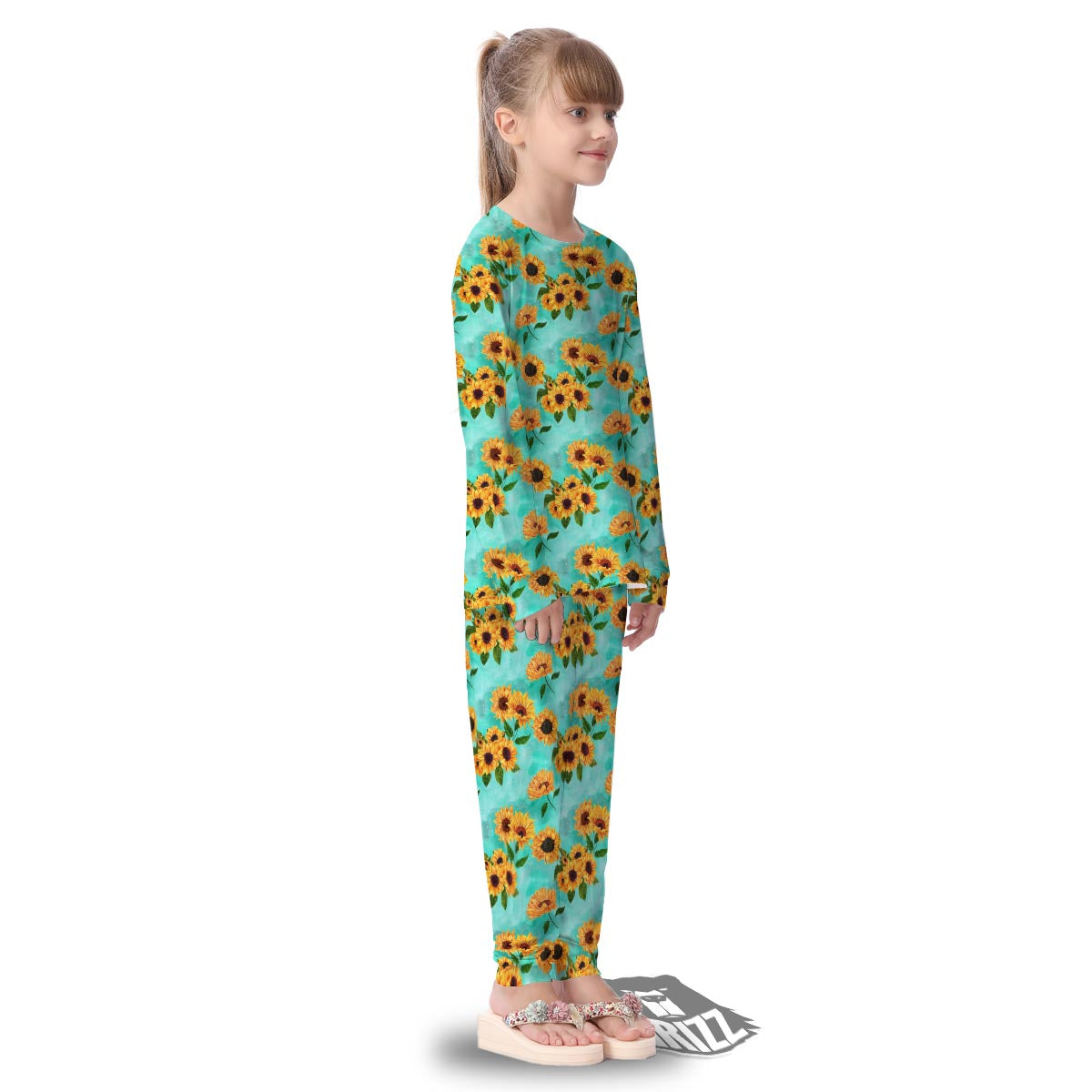 Sunflower Teal Watercolor Print Pattern Kid's Pajamas-grizzshop