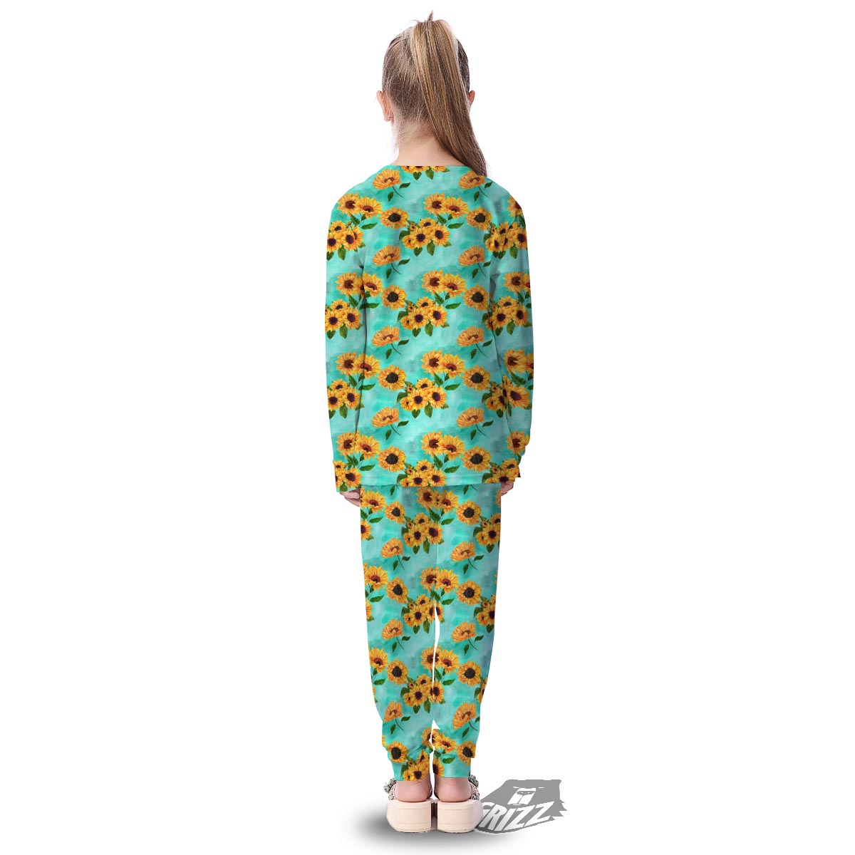 Sunflower Teal Watercolor Print Pattern Kid's Pajamas-grizzshop