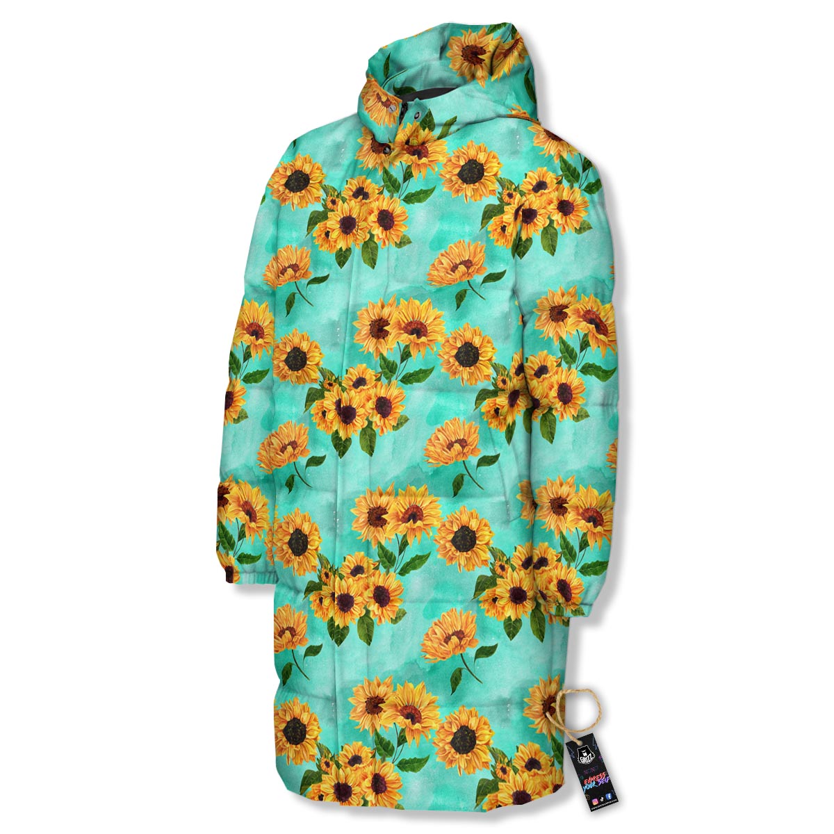 Sunflower Teal Watercolor Print Pattern Long Down Jacket-grizzshop