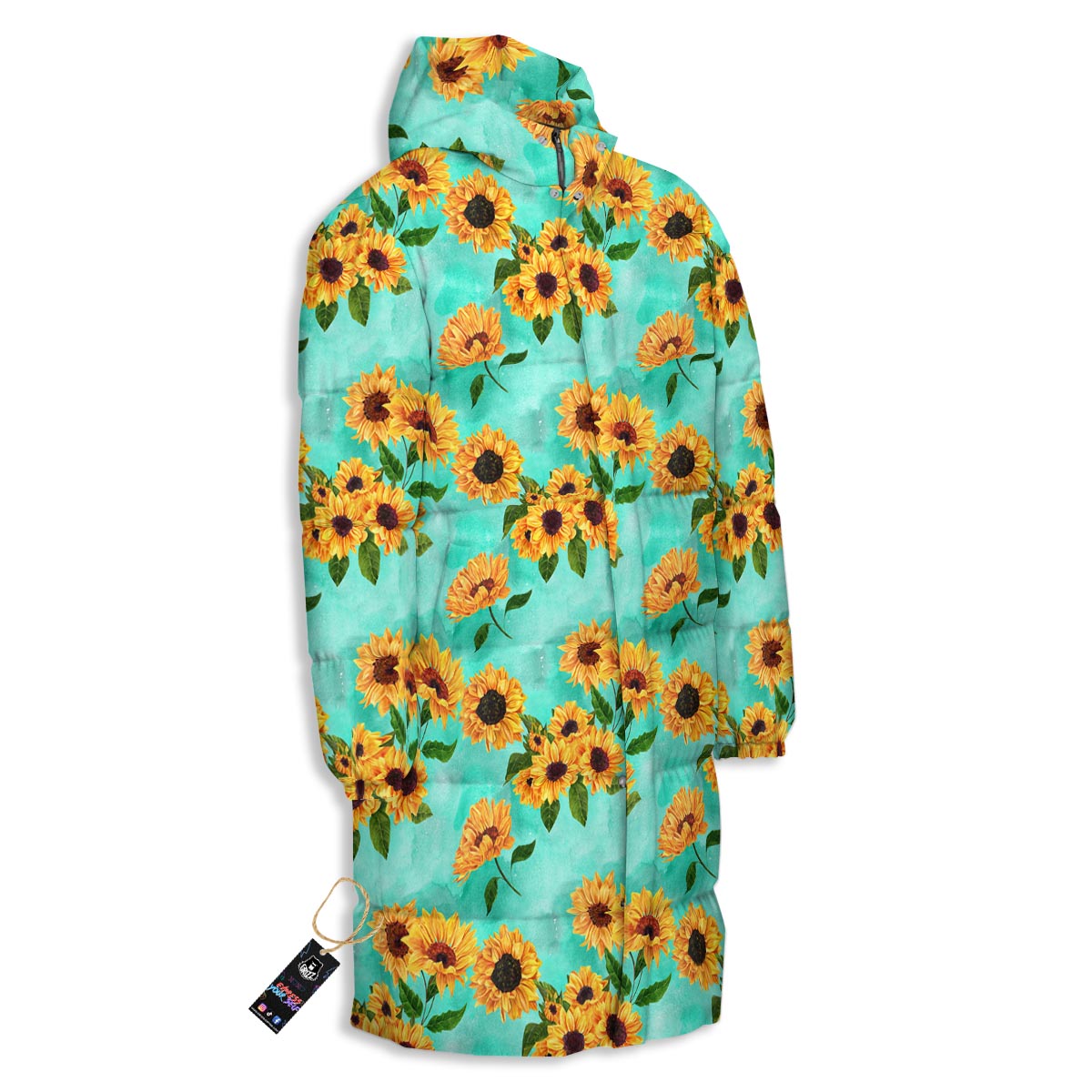Sunflower Teal Watercolor Print Pattern Long Down Jacket-grizzshop