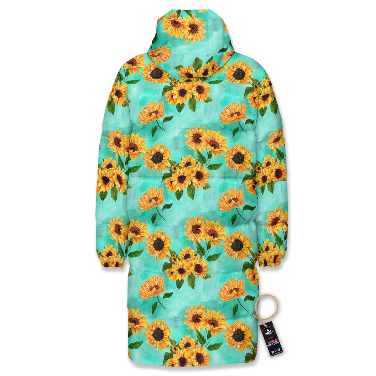 Sunflower Teal Watercolor Print Pattern Long Down Jacket-grizzshop