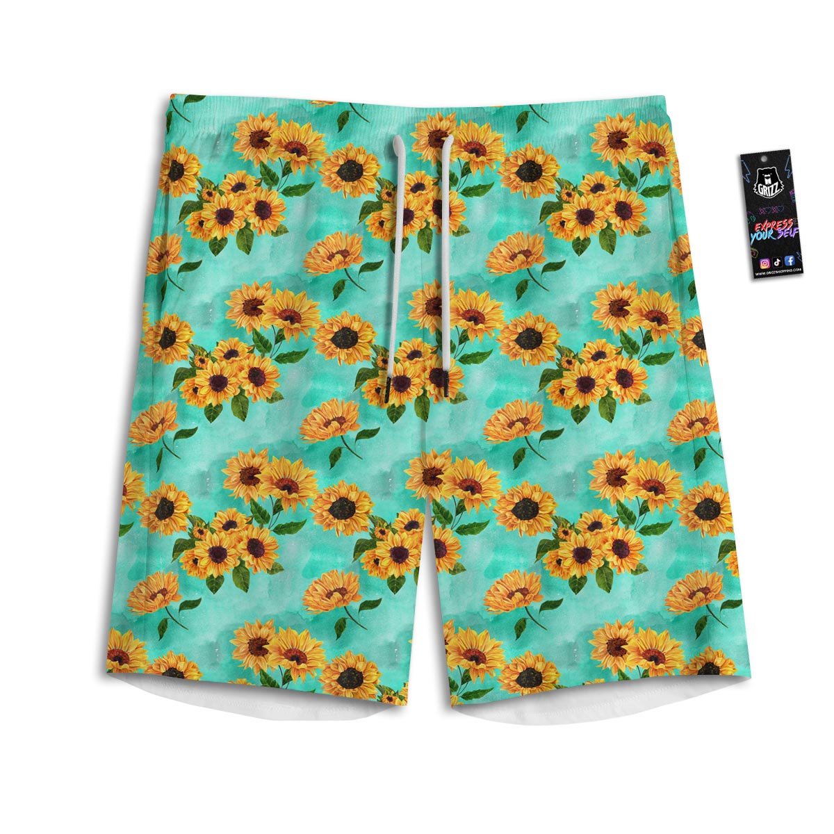 Sunflower Teal Watercolor Print Pattern Men's Athletic Shorts
