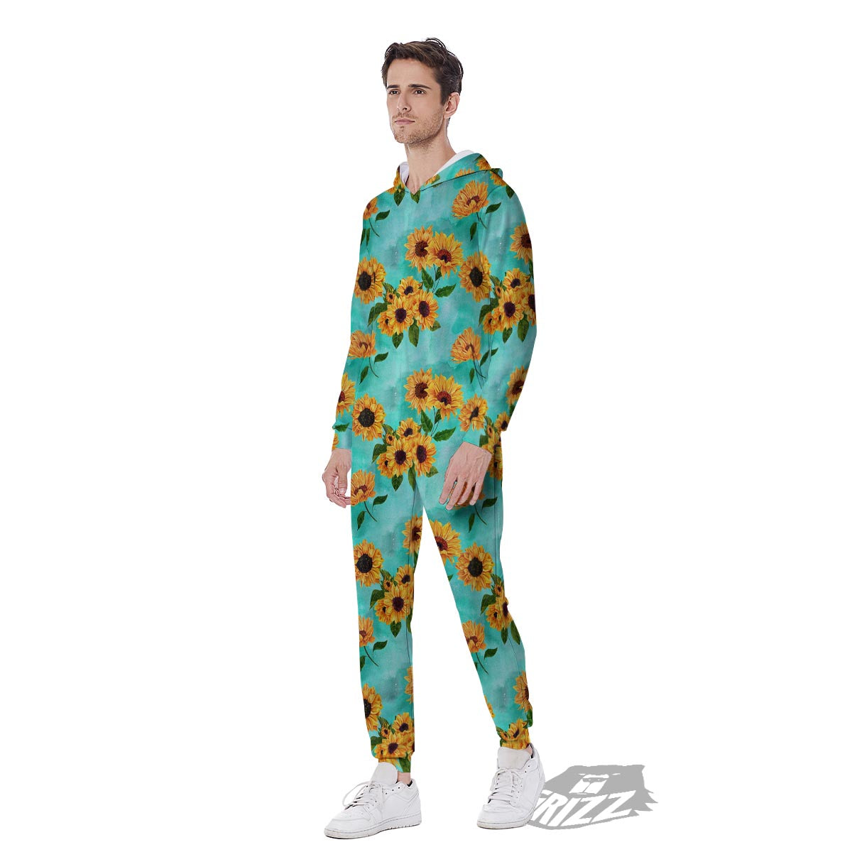 Sunflower Teal Watercolor Print Pattern Men's Jumpsuit-grizzshop