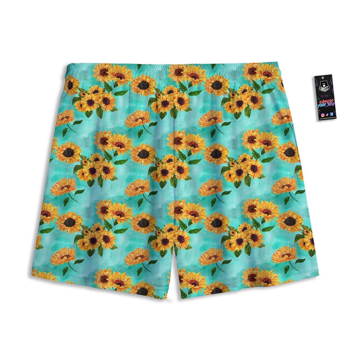 Sunflower Teal Watercolor Print Pattern Mesh Shorts