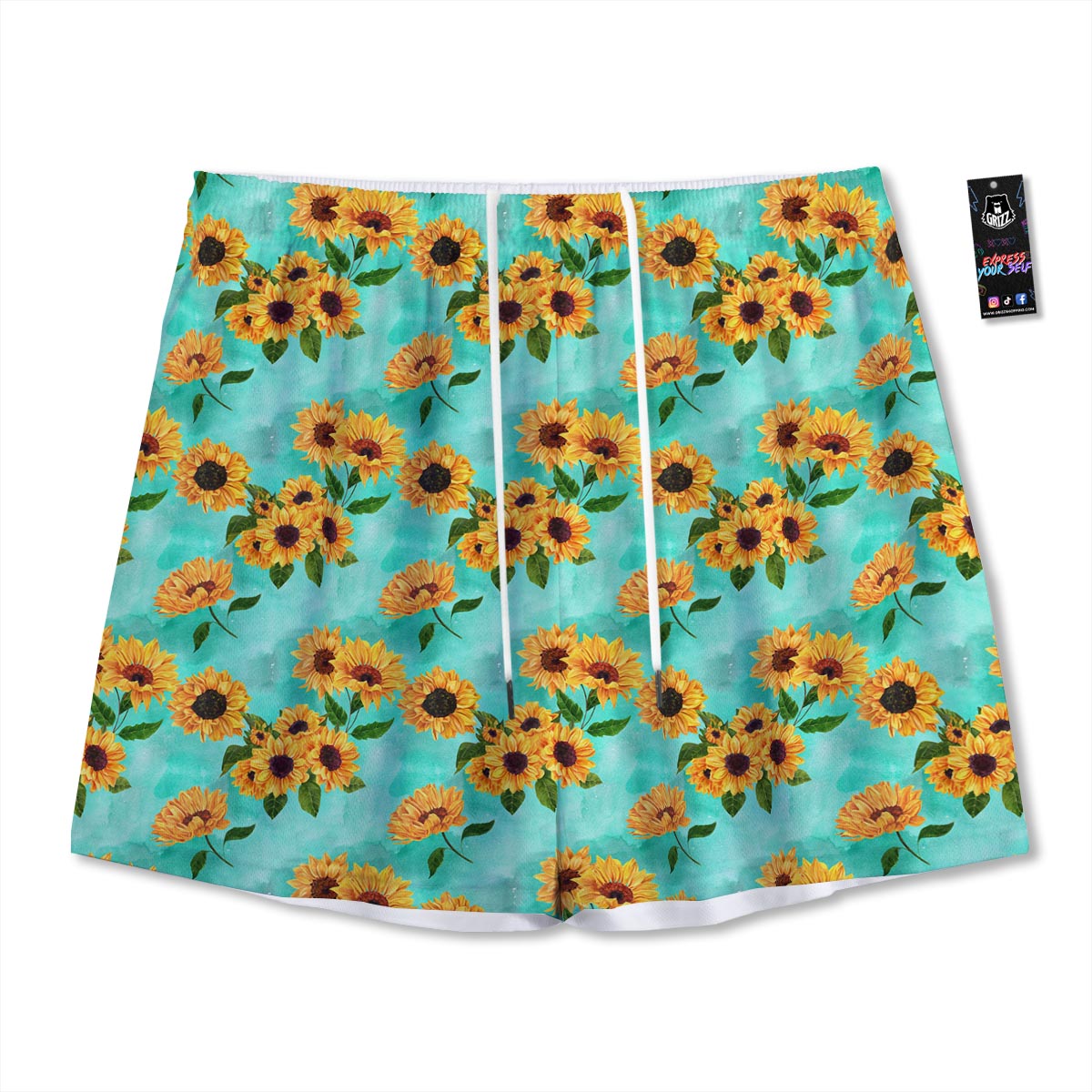 Sunflower Teal Watercolor Print Pattern Mesh Shorts