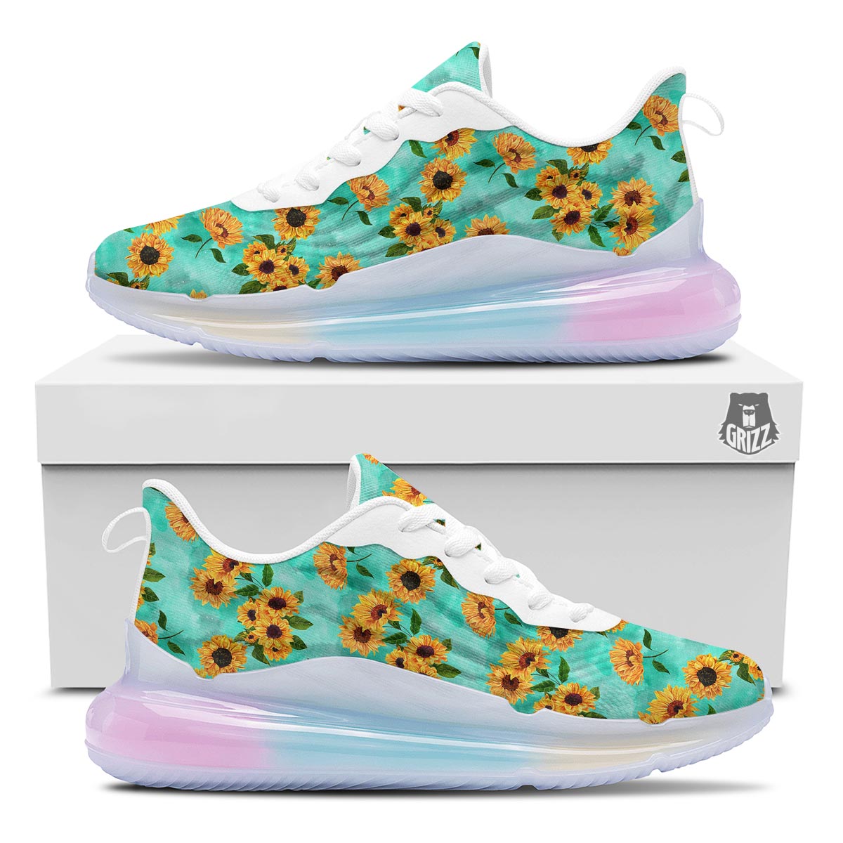 Sunflower Teal Watercolor Print Pattern Running Sneakers-grizzshop