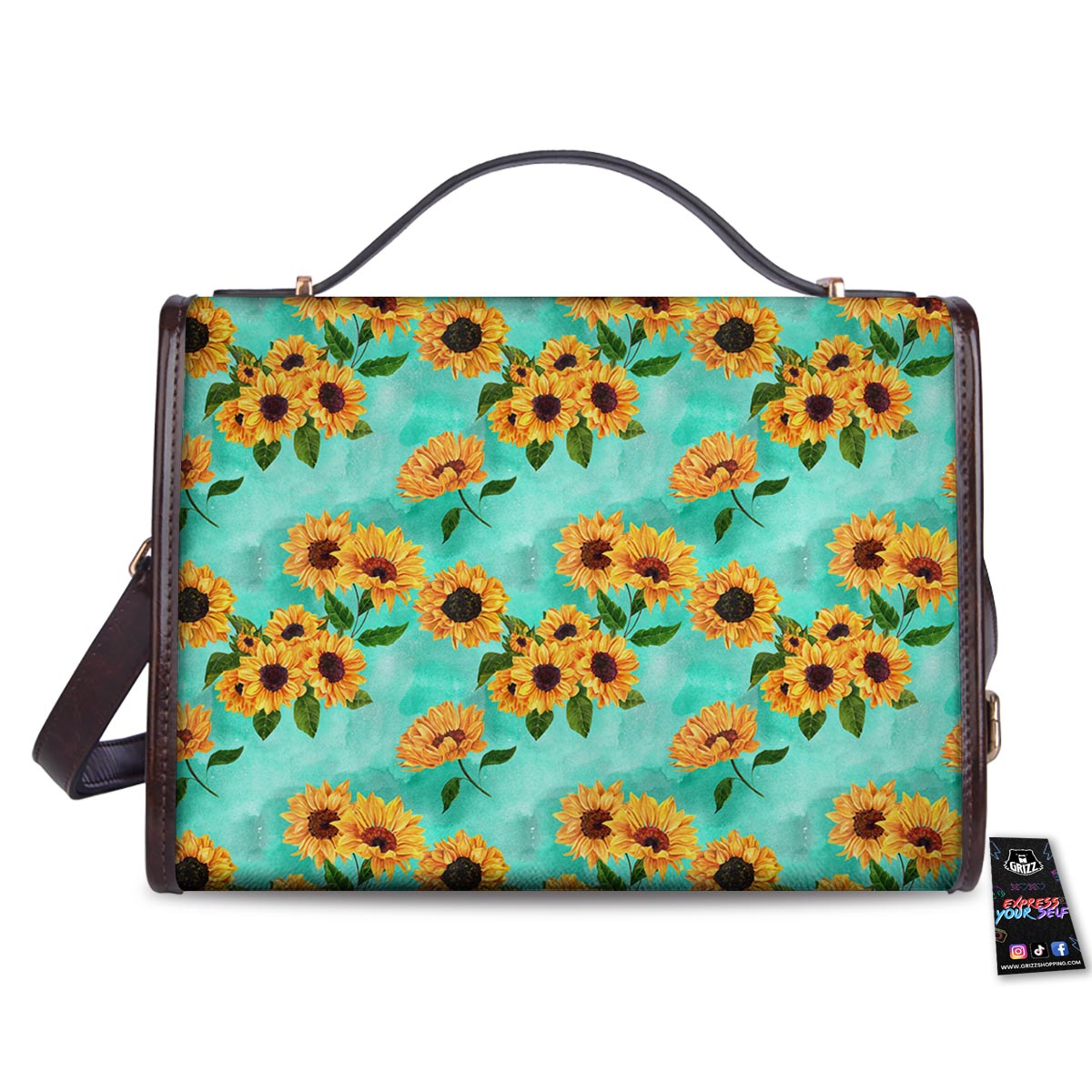 Sunflower Teal Watercolor Print Pattern Women's Satchel Bag-grizzshop