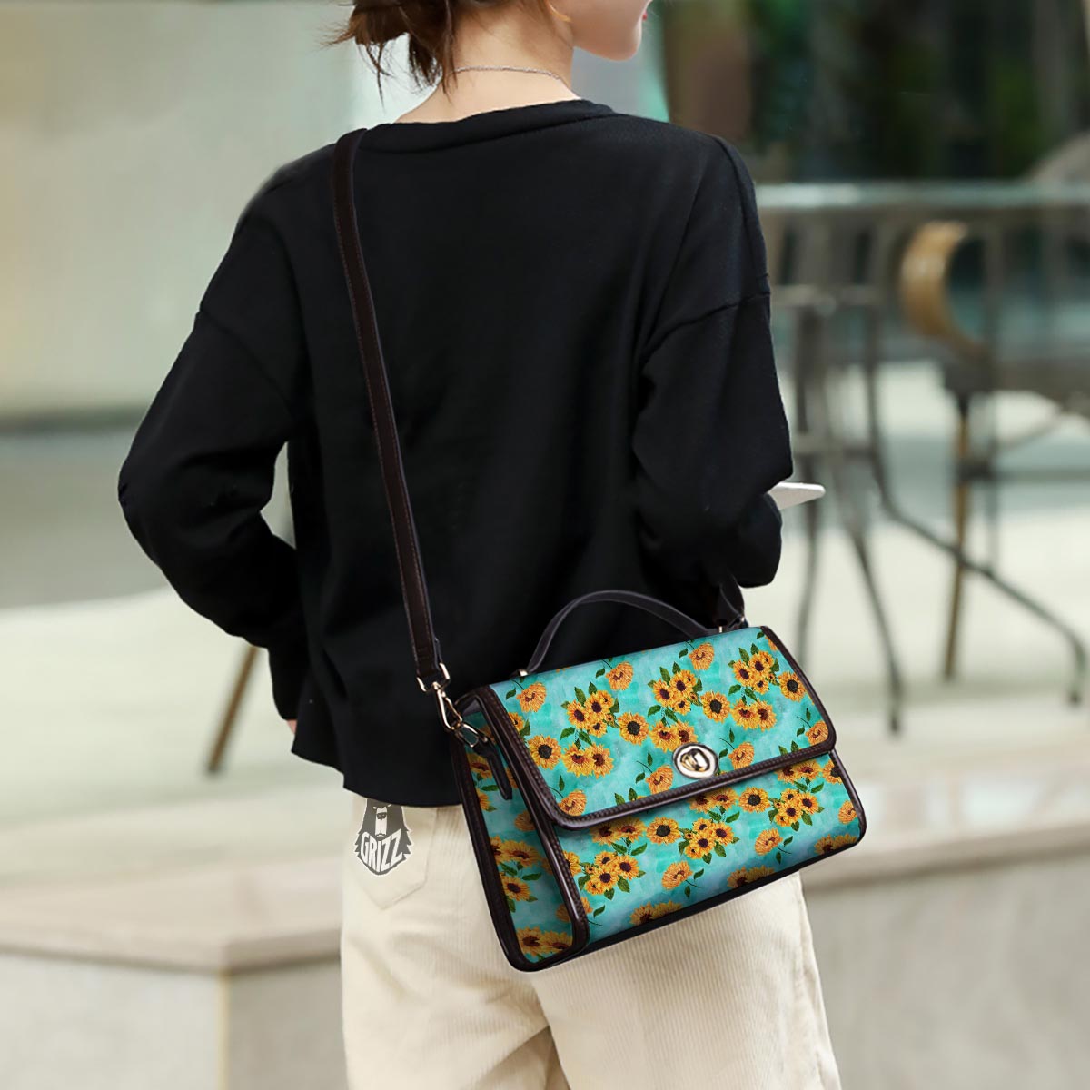Sunflower Teal Watercolor Print Pattern Women's Satchel Bag-grizzshop