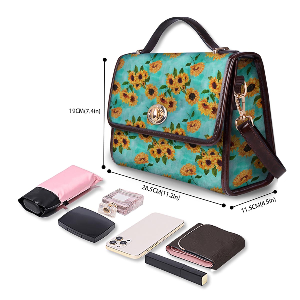 Sunflower Teal Watercolor Print Pattern Women's Satchel Bag-grizzshop