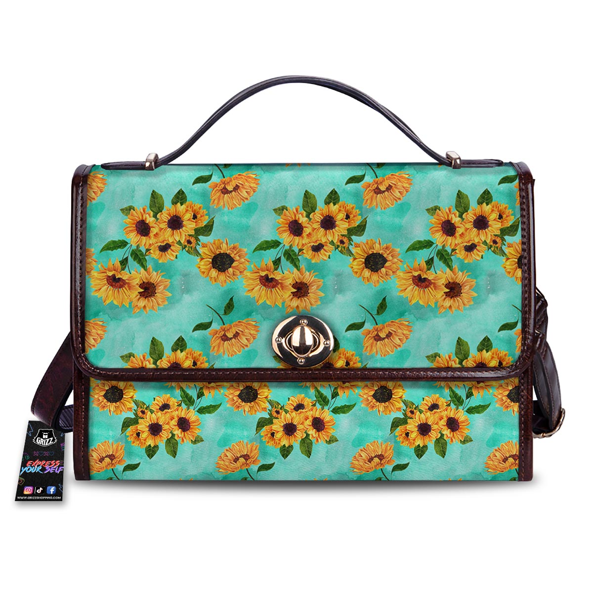 Sunflower Teal Watercolor Print Pattern Women's Satchel Bag-grizzshop