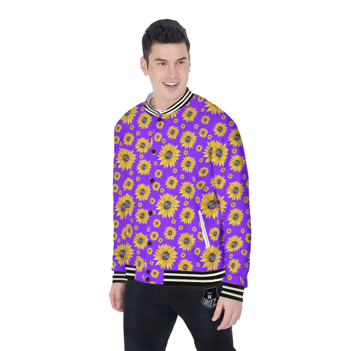 Sunflower Trippy Purple Print Pattern Baseball Jacket-grizzshop