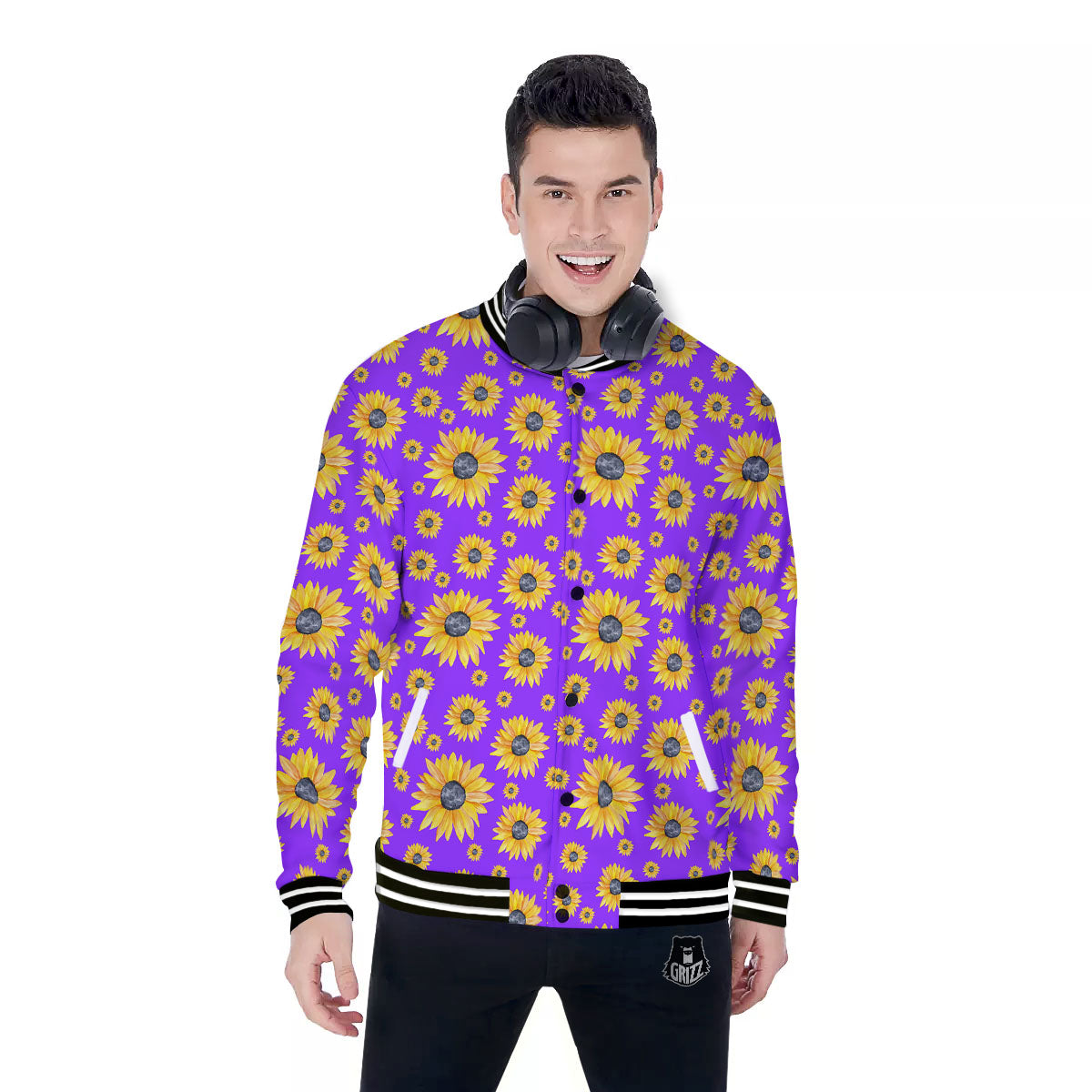 Sunflower Trippy Purple Print Pattern Baseball Jacket-grizzshop