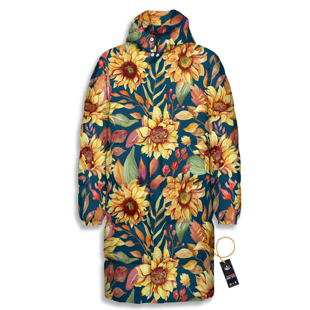 Sunflower Vintage Print Pattern Long Down Jacket-grizzshop