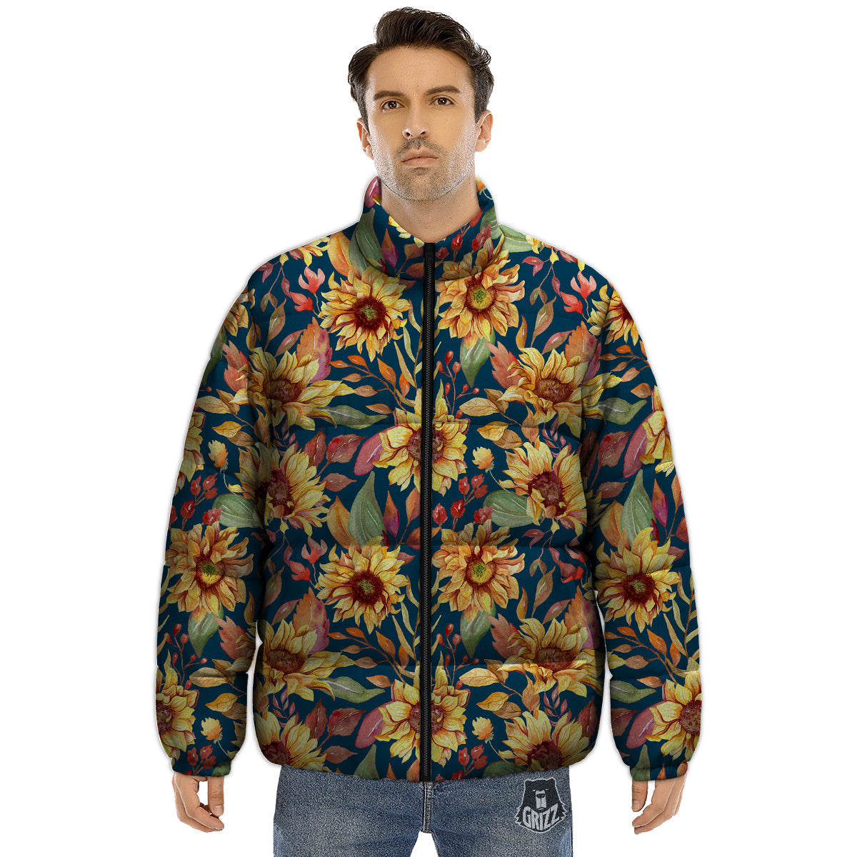 Sunflower Vintage Print Pattern Puffer Jacket-grizzshop