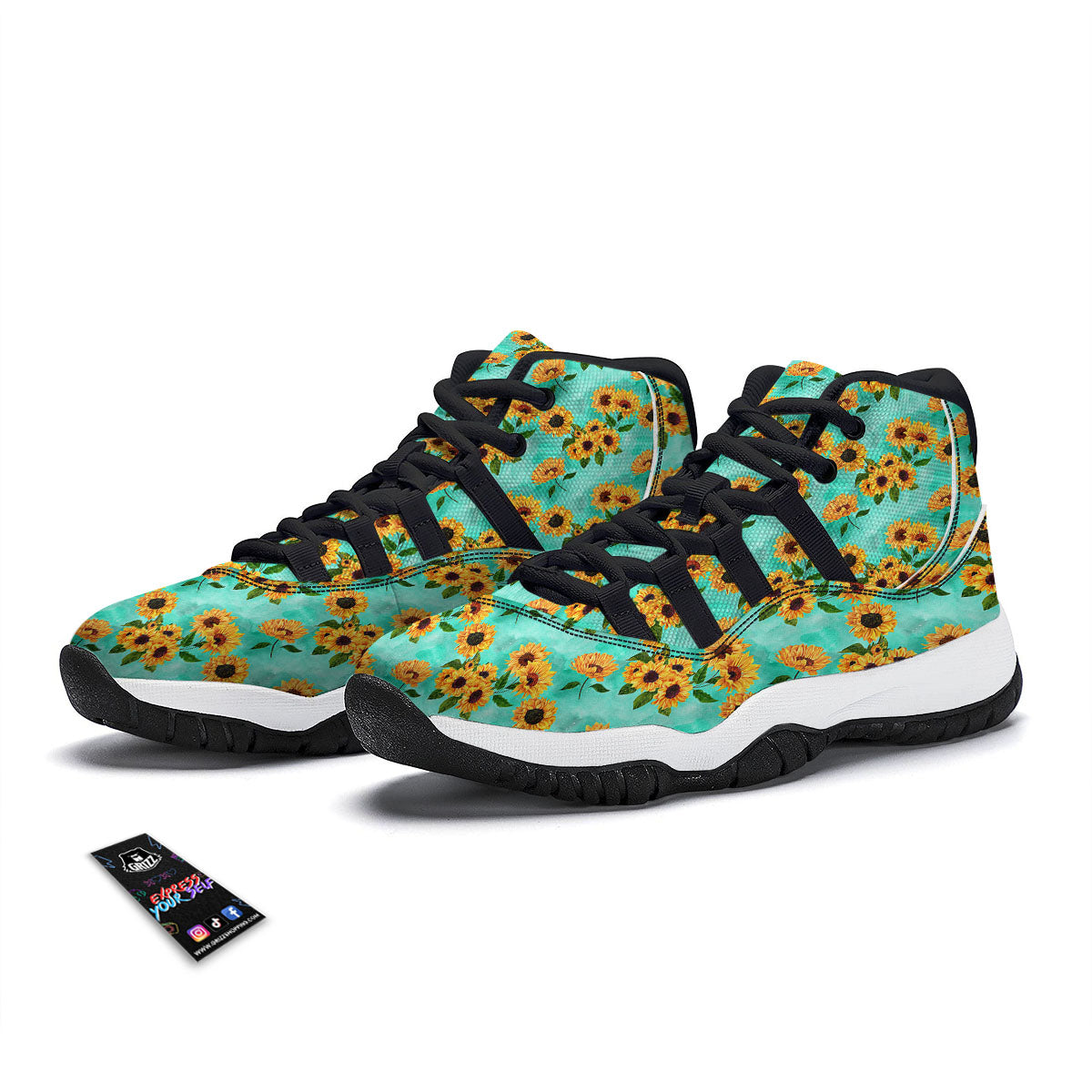 Sunflower Watercolor Blue Print Pattern Black Bball Shoes-grizzshop