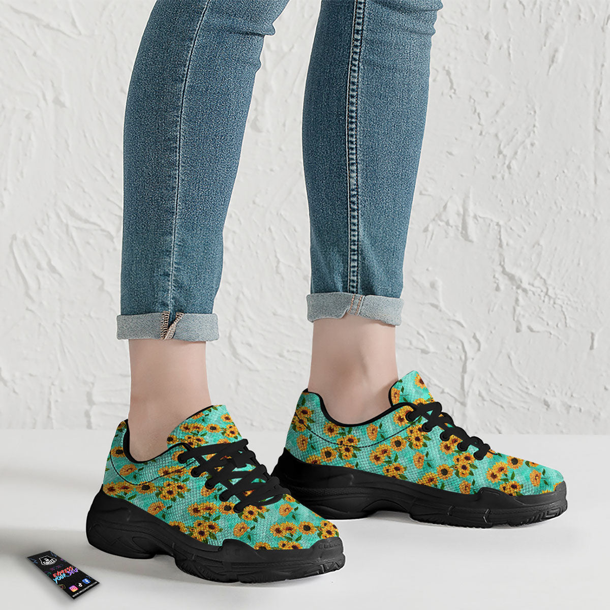 Sunflower Watercolor Blue Print Pattern Black Chunky Shoes-grizzshop