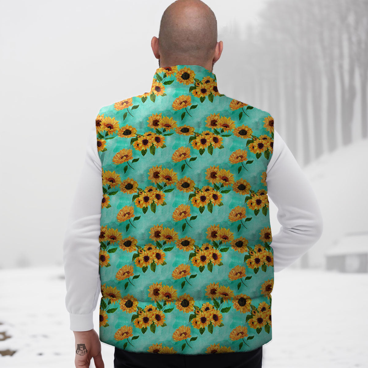 Sunflower Watercolor Blue Print Pattern Down Vest