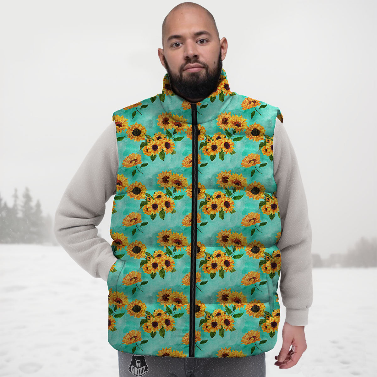 Sunflower Watercolor Blue Print Pattern Down Vest
