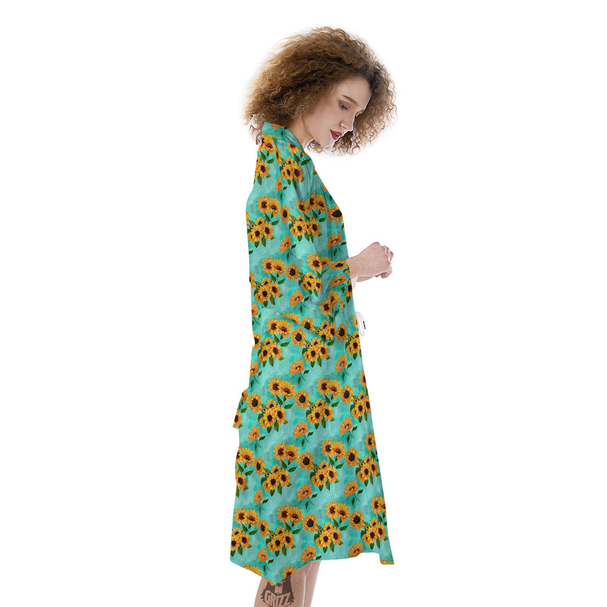 Sunflower Watercolor Blue Print Pattern Kimono-grizzshop