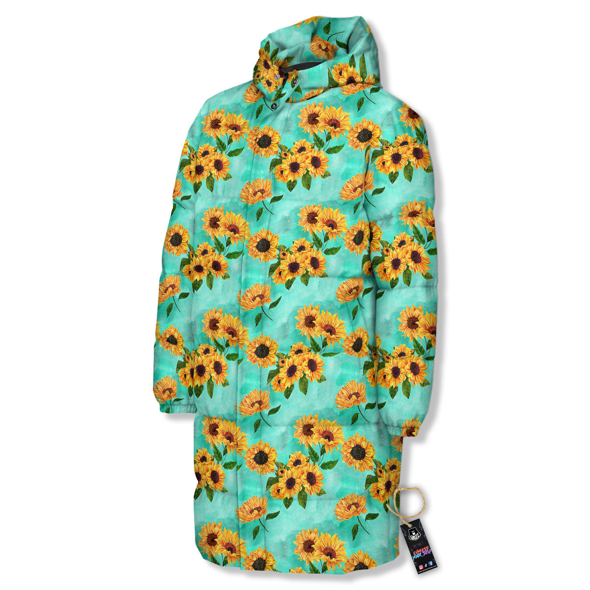 Sunflower Watercolor Blue Print Pattern Long Down Jacket-grizzshop