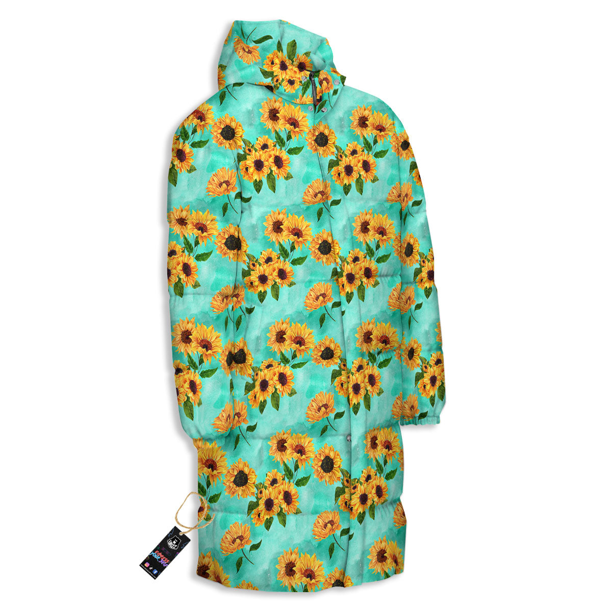 Sunflower Watercolor Blue Print Pattern Long Down Jacket-grizzshop